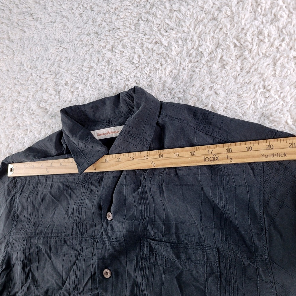 Tommy Bahama 100% Silk Shirt Mens Large Black Short Sleeve Tonal Grid Pocket - Picture 5 of 11